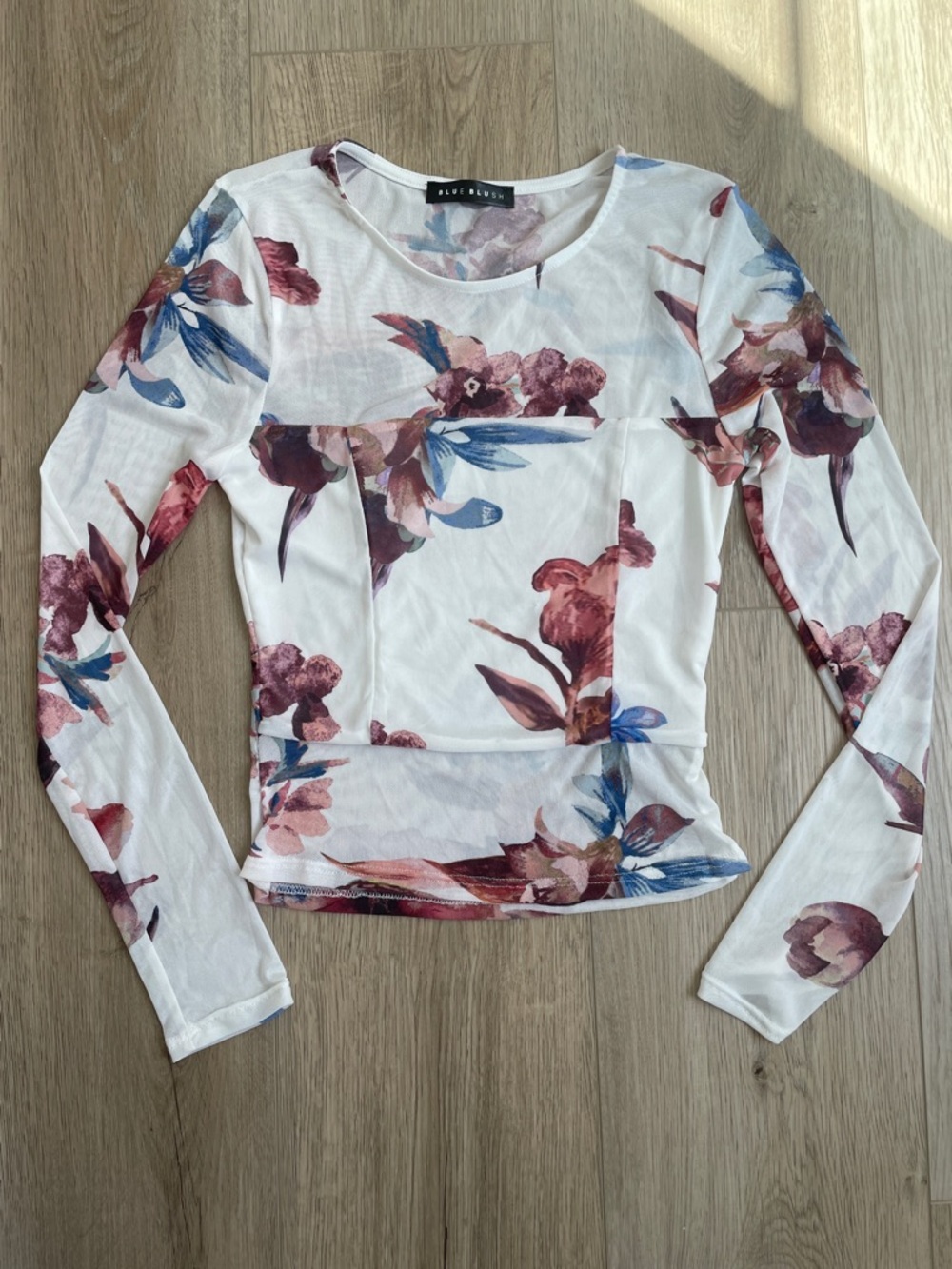 Blue Blush White Floral Mesh Long-Sleeve Top